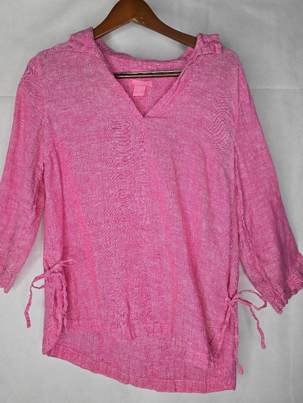 Isaac Mizrahi 100% Linen Tunic Top Pink Tie Sides Split Neck 3/4 Sleeve S